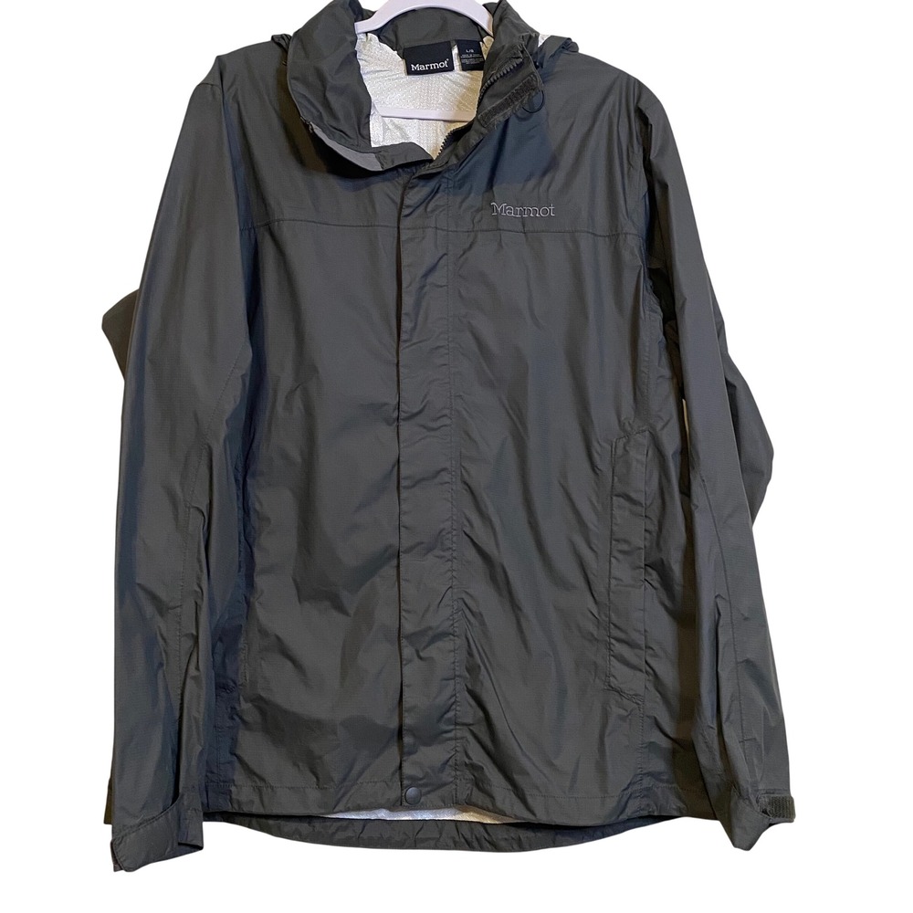 Marmot PreCip Rain Jacket Mens Large Gray Hooded Full Zip Windbreaker CC-440